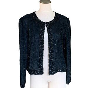 Vintage Stenay 100% Silk Beaded Cropped Evening Jacket L Black #84C